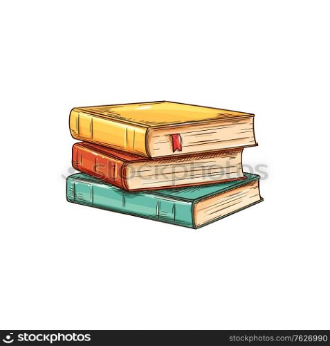 Stack of textbooks with bookworm isolated sketch. Vector pile of books, education and knowledge symbol. Studying, learning and reading literature, stacked color old vintage books in hardcover. Books in hardcover, stack of textbooks isolated