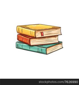 Stack of textbooks with bookworm isolated sketch. Vector pile of books, education and knowledge symbol. Studying, learning and reading literature, stacked color old vintage books in hardcover. Books in hardcover, stack of textbooks isolated