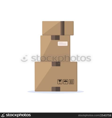 Stack of three cardboard boxes. Delivery package. Vector illustration