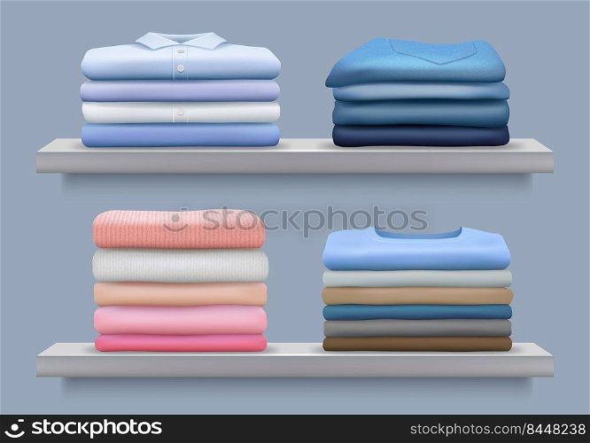 Stacked clothes. Folding clean after laundry cotton pile of fashioned clothes shirts jackets pants decent vector realistic collection. Illustration of stack and pile, laundry domestic. Stacked clothes. Folding clean after laundry cotton pile of fashioned clothes shirts jackets pants decent vector realistic collection