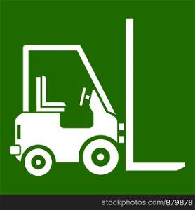 Stacker loader icon white isolated on green background. Vector illustration. Stacker loader icon green