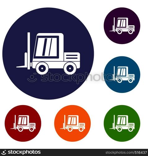 Stacker loader icons set in flat circle red, blue and green color for web. Stacker loader icons set