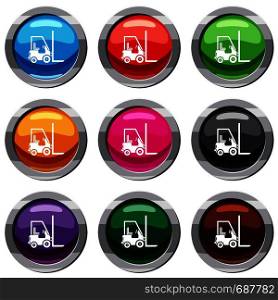 Stacker loader set icon isolated on white. 9 icon collection vector illustration. Stacker loader set 9 collection