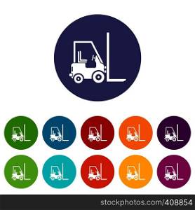 Stacker loader set icons in different colors isolated on white background. Stacker loader set icons