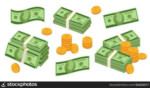 Stacks of dollar bills and gold coins vector illustrations set. Heap of mo≠y,π≤s of cash, currency, green bank notes isolated on white background. Busi≠ss, finances concept for ban≠r design