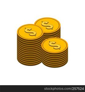 Stacks of Gold Coins symbol. Flat Isometric Icon or Logo. 3D Style Pictogram for Web Design, UI, Mobile App, Infographic. Vector Illustration on white background.