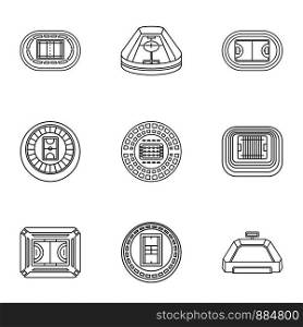 Stadia icons set. Outline set of 9 stadia vector icons for web isolated on white background. Stadia icons set, outline style