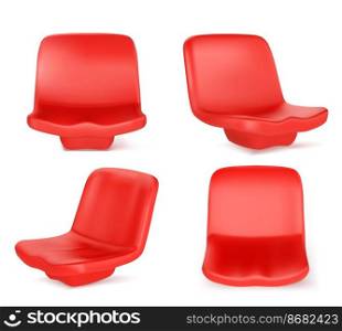 Stadium seats, red plastic chairs front and angle view. Equipment, place for visitors of outdoor competition or performance, design elements isolated on white background Realistic 3d vector mockup set. Stadium seats, red chairs front and angle view