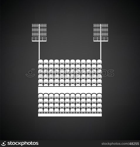 Stadium tribune with seats and light mast icon. Black background with white. Vector illustration.