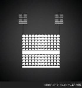 Stadium tribune with seats and light mast icon. Black background with white. Vector illustration.