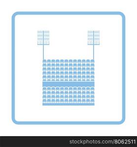 Stadium tribune with seats and light mast icon. Blue frame design. Vector illustration.