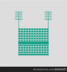 Stadium tribune with seats and light mast icon. Gray background with green. Vector illustration.