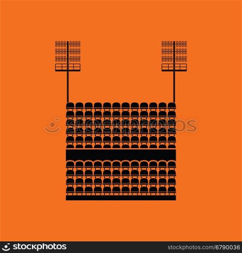 Stadium tribune with seats and light mast icon. Orange background with black. Vector illustration.