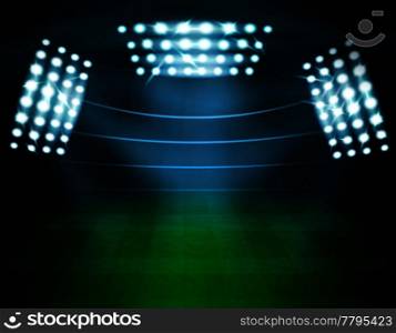 Stadium with spotlights realistic composition of empty illuminated football playground stadium stand silhouettes and lighting towers vector illustration. Football Stadium Lighting Composition