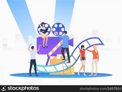 Staff creating film. Camera, scenario, actors. Filmmaking concept. Vector illustration for presentation slide, poster, new project. Staff creating film