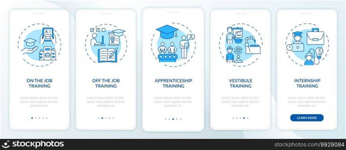 Staff development methods onboarding mobile app page screen with concepts. On-the-job training, apprenticeship walkthrough 5 steps graphic instructions. UI vector template with RGB color illustrations. Staff development methods onboarding mobile app page screen with concepts