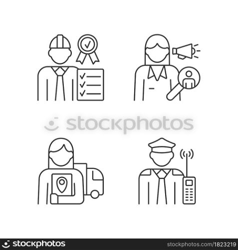 Staff of company RGB linear icons set. Quality control manager. Security guard. Organization employees. Customizable thin line contour symbols. Isolated vector outline illustrations. Editable stroke. Staff of company RGB linear icons set