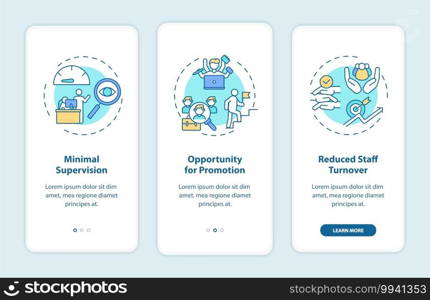 Staff training advantages onboarding mobile app page screen with concepts. Minimal supervision, promotion walkthrough 3 steps graphic instructions. UI vector template with RGB color illustrations. Staff training advantages onboarding mobile app page screen with concepts