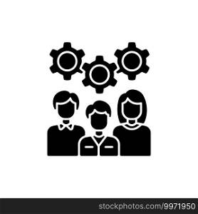 Staff training black glyph icon. Workshop icon. Group of people generating brilliant ideas. Leveling up practical skills. Silhouette symbol on white space. Vector isolated illustration. Staff training black glyph icon