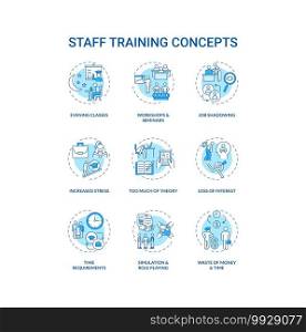 Staff training concept icons set. Employee development idea thin line RGB color illustrations. Workshops and seminars. Job shadowing. Interest loss. Vector isolated outline drawings. Editable stroke. Staff training concept icons set