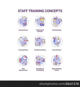 Staff training concept icons set. Employee development idea thin line RGB color illustrations. Evening classes. Time requirement. Interest loss. Vector isolated outline drawings. Editable stroke. Staff training concept icons set