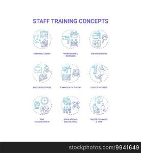 Staff training concept icons set. Employee development idea thin line RGB color illustrations. Evening classes. Stress increasing. Time requirement. Interest loss. Vector isolated outline drawings. Staff training concept icons set