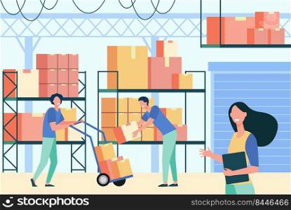 Staff working in logistic storage isolated flat vector illustration. Cartoon stockroom workers and loaders taking boxes from cargo pallet in stockroom. Delivery service and warehouse interior concept