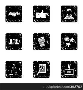 Staffing agency icons set. Grunge illustration of 9 staffing agency vector icons for web. Staffing agency icons set, grunge style