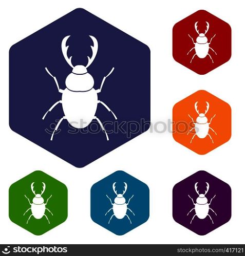 Stag beetle icons set rhombus in different colors isolated on white background. Stag beetle icons set
