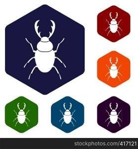 Stag beetle icons set rhombus in different colors isolated on white background. Stag beetle icons set