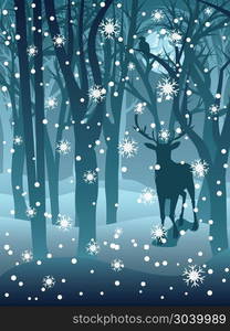 Stag in Winter Forest. Silhouettes of a stag in the forest at the winter time.