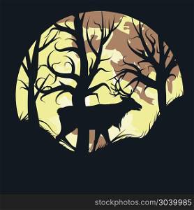 Stag over Full Moon. Silhouette of a stag in the forest over full moon background.