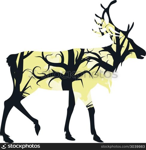 Stag Silhouette with Forest. Silhouette of a deer with forest inside on white background.