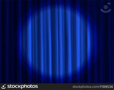 Stage blue curtain. Theatrical or cinema cloth luxury silk elegant closed curtains with spotlight vector background with projector beams. Stage blue curtain. Theatrical or cinema cloth luxury silk elegant closed curtains with spotlight vector background