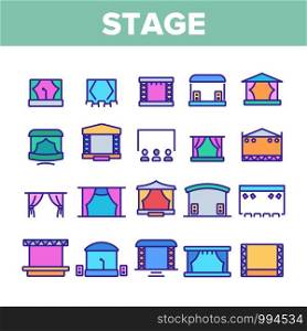 Stage Construction Collection Icons Set Vector Thin Line. Cinema Screen, Podium, Performance Theater Scene, Aluminium Truss Different Stage Concept Linear Pictograms. Color Contour Illustrations. Stage Construction Color Icons Set Vector