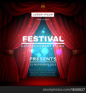 Stage curtain poster. Festival opening banner with realistic red heavy theatrical veils, light spot and effects, cinema movies event on scene vector concept. Stage curtain poster. Festival opening banner with realistic red heavy theatrical veils, light effects, cinema movies event. Vector concept