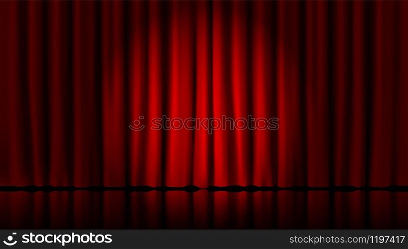 Stage curtains light by searchlight. Realistic theater red dramatic curtains, spotlight on stage theatrical classic drapery vector template illustration. Circus and movie hall, standup interior scene. Stage curtains light by searchlight. Realistic theater red dramatic curtains, spotlight on stage theatrical classic drapery vector template illustration
