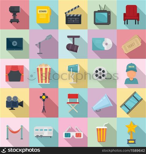 Stage director icons set. Flat set of stage director vector icons for web design. Stage director icons set, flat style