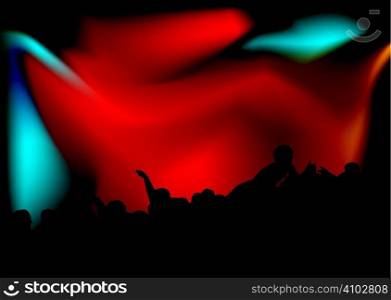 stage diving at a concert with the crowd in silhouette and bright spot lights