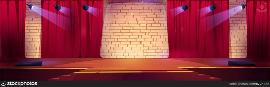Stage for award ceremony, theater or studio scene for concert, music or dance show, illuminated podium with spotlights, stairs and viewer chairs. Empty performance scene Cartoon vector illustration. Stage for award ceremony, theater or studio scene
