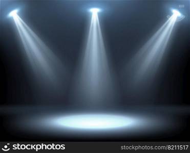 Stage illuminated by spotlights. Empty podium with spot of light. Vector realistic mockup of studio or theater interior with scene and rays of lamps. Background for concert, show, presentation of exhibition. Vector stage illuminated by spotlights
