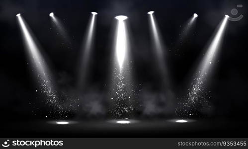 Stage illuminated by spotlights. Empty scene with spot of light on floor. Vector realistic illustration of studio, theater or club interior with beams of l&s, smoke and glowing particles. Stage illuminated by spotlights with smoke