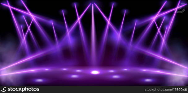 Stage lights, spotlight beams with smoke, glowing studio or theater scene lamp rays on black background. Purple illumination on floor and ceiling for concert or show presentation, Realistic 3d vector. Stage lights, spotlight beams with smoke on floor