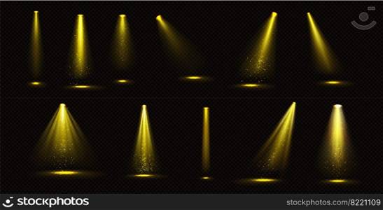 Stage lights, yellow spotlight beams with gold sparkles, glowing elements for studio or theater scene, l&rays for concert, show, presentation isolated on black background, Realistic 3d vector set. Stage lights, yellow beams with gold sparkles set