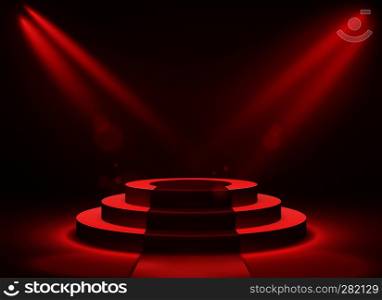 Stage podium lighting. Award ceremony victory pedestal champion, show victory, event celebration winner place, red vector background. Stage podium lighting. Award ceremony victory pedestal champion, show victory, event celebration winner place
