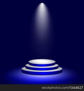 Stage podium with illuminated lighting. Round white pedestal on blue background. 3D scene for awards, concerts, show, party celebrations, awards of winners championship. Night studio spotlight. Vector. Stage podium with illuminated lighting. Round white pedestal on blue background. 3D scene for awards, concerts, show, party celebration, awards of winners championship. Night studio spotlight. Vector