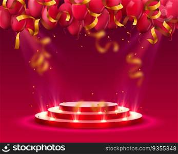 Stage podium with lighting and Balloons, Stage Podium Scene with for Award Ceremony on red Background, Vector illustration