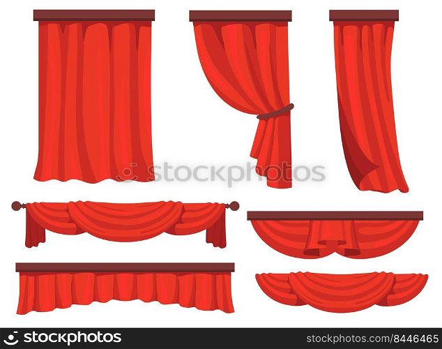 Stage red curtains flat set for web design. Cartoon fabric for background drapery in movie or opera vector illustration collection. Window drapery and decoration concept