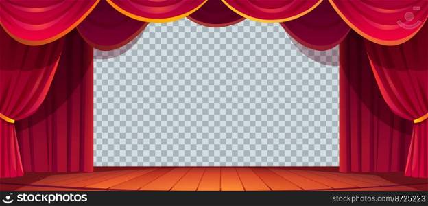 Stage red curtains isolated, empty frames of drapery for theater scene on transparent background. Luxury textile decor for opera or music hall, Cartoon vector illustration. Stage red curtains isolated, empty textile frames