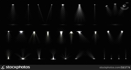 Stage spotlight. Show stage light effect, bright lighted concert scene for theater gallery disco club. Vector realistic vivid spotlight collection. Stage spotlight. Show stage light effect, lighted concert scene for theater gallery disco club. Vector realistic spotlight collection